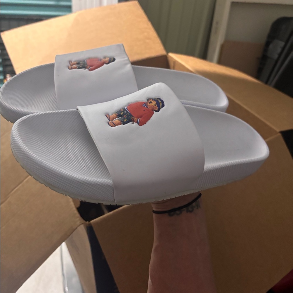 White Ralph Lauren polo slides